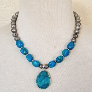 Southwestern Teal Blue Jasper & Silver Druzy Statement Pendant Necklace